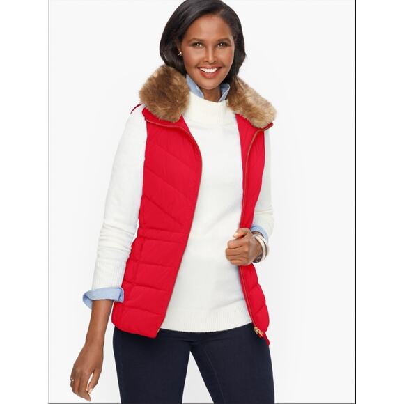 Talbots Women's Red Down Puffer Vest with Removable Faux Fur Collar -Size L - Picture 1 of 8